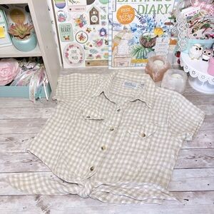 Vintage Angelique Imp Inc NYC Beige Checkered Crop Top Shirt Womens Sz.M Western